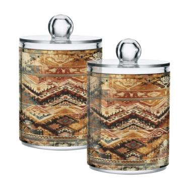 Imagem de Qilmy Suporte étnico retrô Ikat Qtip pacote com 2, frascos de boticário de 400 ml, vasilha organizadora de banheiro para cotonetes, bolas de algodão, almofadas de maquiagem, fio dental, sais de banho