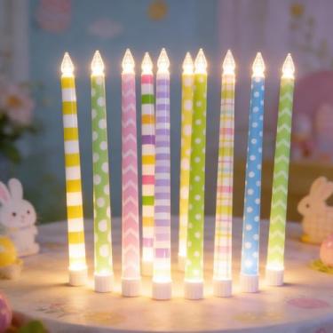 Imagem de Lounsweer 10 velas afuniladas de Páscoa, velas de LED, coelhinho da primavera, cintilante, sem chama, castiçal listrado para decoração de festa de jardim e primavera