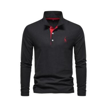 Imagem de Camisas Polo Masculinas Com Bordado De Cervo Manga Longa Cor Sólida Ca