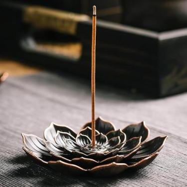 Imagem de Suporte de incenso de lótus grande, com vários orifícios, placa de aromaterapia de metal para palitos e cones, decoração vintage de meditação bronze