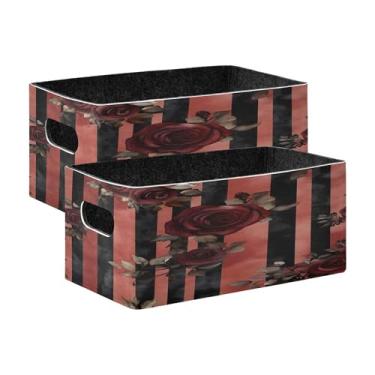 Imagem de xigua Conjunto de 2 caixas de armazenamento de rosas e listras, cubo de armazenamento dobrável, organizador de cestas de armazenamento para decoração de casa, prateleiras de livros, armário