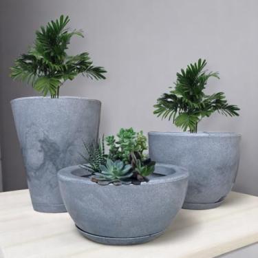 Imagem de Kit Jogo 3 Vasos Luxo Marmorizados Polietileno Planta Flor Jardim Varanda Moderno Elegante (Grafite)