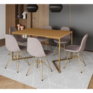 Imagem de Mesa Jantar Industrial Canela Base V Dourada 137x90cm C/ 6 Cadeiras Estofadas Nude Médio Dourada 