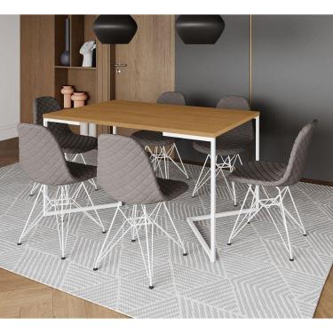 Imagem de Mesa Jantar Industrial Canela Base V 137x90cm C/ 6 Cadeiras Eiffel Estofadas Grafite Aço Branco