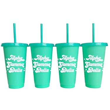 Imagem de Sorority Shop Copos com glitter Alpha Gamma Delta que muda de cor, pacote com 4 copos reutilizáveis com tampas e canudos