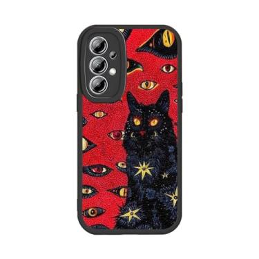 Imagem de KANKENLU Capa de telefone gato hippie psicodélico preto para Samsung Galaxy A34 5G, capa de animal fofo e trippy para adolescentes meninas mulheres homens, capa de couro vegano preto macio à prova de