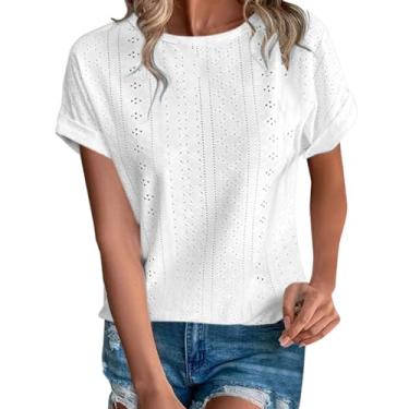 Imagem de Camisetas femininas de manga curta casual de crochê com ilhós, casuais, soltas, gola redonda, cor sólida, blusa, túnica moderna, Branco, P