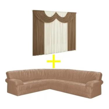 Imagem de Cortina Paris 4 Metros+capa Para Sofá De Canto 5/6 Lugares Elasticada 