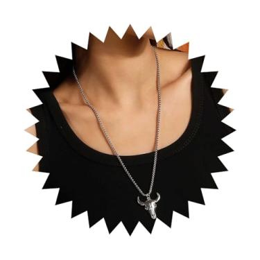 Imagem de Vacaonio Colar punk com pingente de cabeça de touro, colar de cabeça de touro, colar de caveira de vaca, colar de boi de prata, colar longo de corrente italiana, joia feminina, Zinco, Sem Pedra