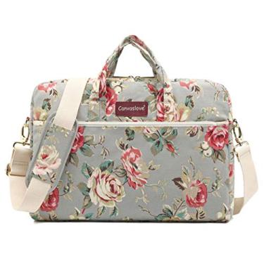 Imagem de Canvaslove Bolsa de ombro para laptop com estampa floral rosa cinza à prova d'água e bolhas de recuperação, para MacBook Pro 16, LG Gram 16 e laptops de 15 a 15,6 polegadas
