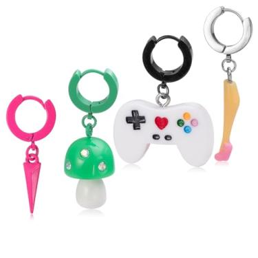 Imagem de Adorável brinco de gota, 4 peças de diferentes tipos de brincos (cogumelos, cones pontiagudos, gamepads, salto alto) para mulheres, brincos fofos com pingente, Metal, Sem pedra preciosa