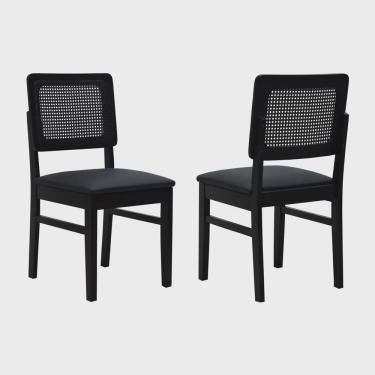 Imagem de Kit 2 Cadeiras Lyon Madeira Maciça Encosto Telinha Assento Estofado Corano Preto