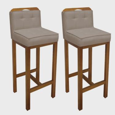 Imagem de Kit 02 Banqueta Alta Com Encosto Agnes Cozinha Balcão Bistrô Base Madeira Castanho Corino Bege - Ahz Móveis