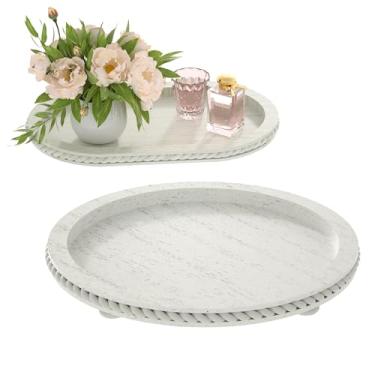Imagem de Urban Deco Conjunto de 2 bandejas de madeira, ovais e redondas, bandeja decorativa vintage para mesa de centro, bandeja de servir branca para sala de estar, cozinha, decoração de casa - 1 conjunto