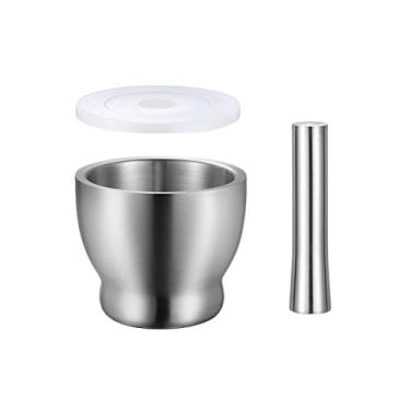 Imagem de Tigela Moedora Conjunto de pilão e almofariz de moagem de aço inoxidável 18/8 com tampa e base antiderrapante Melhor para cozinha utilizável Moedor Triturador(Médio)