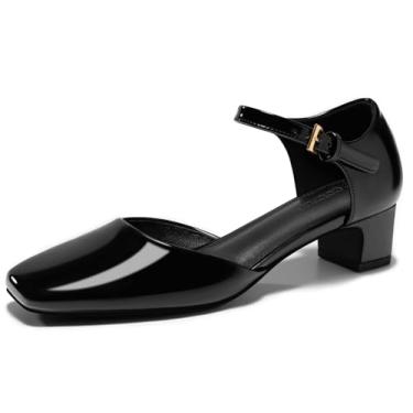 Imagem de Coutgo Sapato social feminino de salto baixo grosso com fivela no tornozelo, tira quadrada, D'Orsay, sapatos de festa de trabalho, Preto, 39