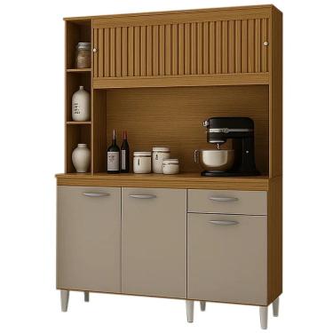 Imagem de Armário de Cozinha Duda 140cm 5 Portas 1 Gaveta Poquema Cor Damasco Off White Ripado 3D