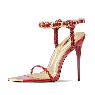 Imagem de Sapato feminino preto com corrente dourada, tira no tornozelo, bico fino, salto alto stiletto para eventos formais, casamentos, festas e uso noturno, Vermelho, 39