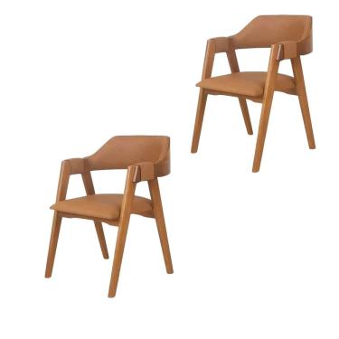 Imagem de Kit 2 Cadeiras de Madeira Eucalipto Encosto Anatômico com Apoio de Braço Dália Caramelo