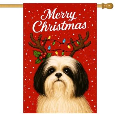 Imagem de BlissYard Feliz Natal bandeira de jardim Shih Tzu bandeira de cachorro chifres de rena Natal 71 x 101 cm bandeiras grandes de quintal dupla face para amantes de cães varanda casa ao ar livre férias