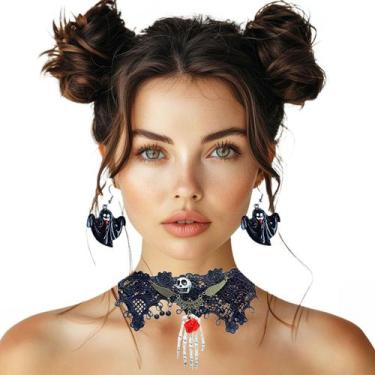 Imagem de Kit Colar Choker Gargantilha Renda Gótica Esqueleto + Par Brincos Temá