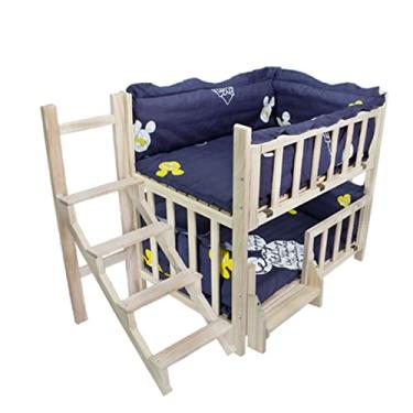 Imagem de TsoLay Cama para cachorro de madeira de camada dupla com moldura elevada para animais de estimação com berço elevado para animais de estimação com escadas e corrimão para cães pequenos, médios e gatos