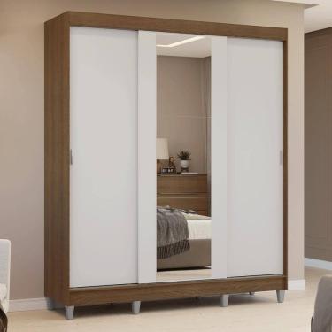 Imagem de Guarda-Roupa Casal com Pés 3 Portas de Correr com Espelho Rustic/Branco Reno Madesa