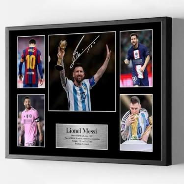Imagem de Pôster com moldura preta assinado por Lionel Messi para crianças penduradas no quarto, decoração de parede - pôsteres de superstar de futebol em tela para fãs de meninos adolescentes presentes de