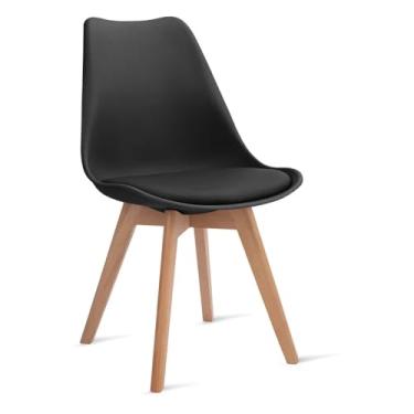 Imagem de Cadeira de Jantar Estofada com Base em Madeira - Design Moderno e Confortável para Sala de Jantar e Cozinha (Preto)