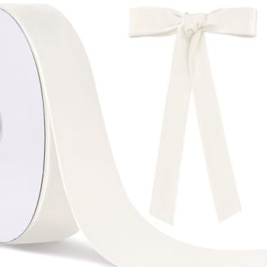 Imagem de Fita de veludo branco creme de 24 metros de tecido vintage de 5 cm para embrulho de presente para decoração de guirlanda de Natal (branco creme)