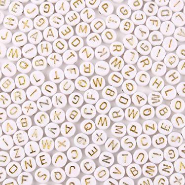 Imagem de Contas de letras acrílicas alfabeto letras douradas contas redondas brancas, 4 × 7 mm, 1200 peças, para kit de fabricação de joias de pulseira da amizade