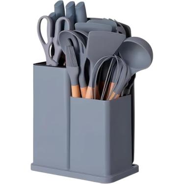 Imagem de Kit Utensílios de Cozinha 19 Peças Silicone com Cabo de Madeira + Facas e Tábua – Completo e Resistente (CINZA)