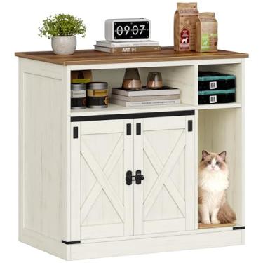 Imagem de Hzuaneri Caixa de areia para gatos, móveis de caixa de areia oculta com armazenamento, armário de madeira para gatos com almofada de arranhões, casa de gatos de fazenda, mesa de canto com suporte de