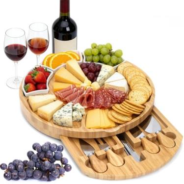 Imagem de ZENFUN Conjunto de faca e tábua de queijo de bambu de 33 cm, tábuas redondas de charcutaria com tigelas, bandeja de corte de queijo, bandeja de servir para inauguração de casa, festa, piquenique, 33 x