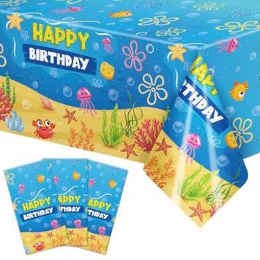 Imagem de Avikosi Toalha de mesa de plástico com 3 peças de 137 x 277 cm para feliz aniversário – capa de mesa retangular descartável azul sob o mar para festas de aniversário infantis, tema de praia e