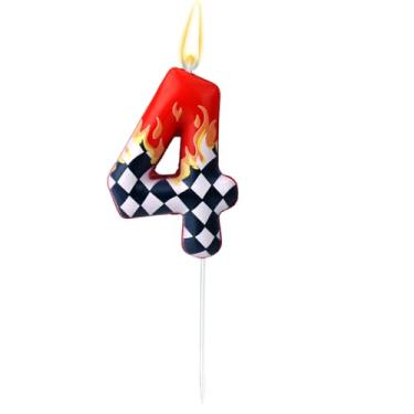 Imagem de Vela Aniversário Tema Carros Corrida, Preta e Branca Vela Número Aniversário Xadrez Decoração Festa Carro Corrida Vermelho para Meninos e Meninas Artigos Festas Infantis (Número 4)