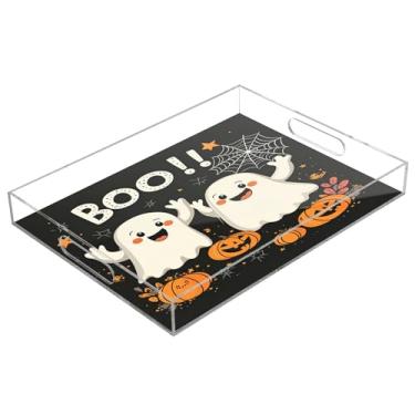 Imagem de xigua Bandeja de servir de acrílico fantasma de Halloween com alças à prova de derramamento, bandejas decorativas de festa de Halloween, bandeja organizadora de bancada para banheiro, cozinha, 30,5 x