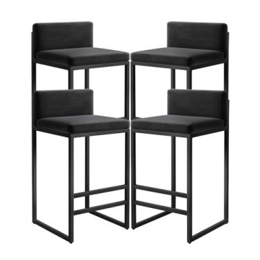 Imagem de Banquetas de couro com estrutura de metal - Conjunto de 4 cadeiras de bar pretas e brancas para cozinha ilha café pub - Bancos de bar modernos com encosto para decoração de casa