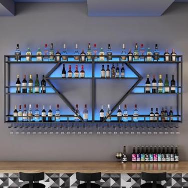 Imagem de Grande rack de vinho de LED montado na parede - Prateleira de bar de metal industrial com suporte de taça de vinho, exibição de garrafa de licor de ferro flutuante para casa, bar, café - preto com luz