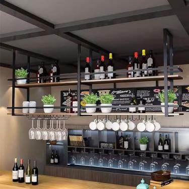 Imagem de Rack de vinho suspenso industrial - Suporte de garrafa de teto de metal de 2 camadas com prateleira de vidro, organizador moderno de taça de vinho para bares, cafés, adegas e restaurantes.