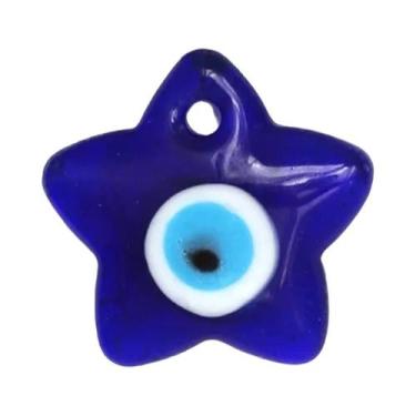 Imagem de Pingente Redondo De Vidro Azul Com Mão De Hamsá, Coração E Estrela Par
