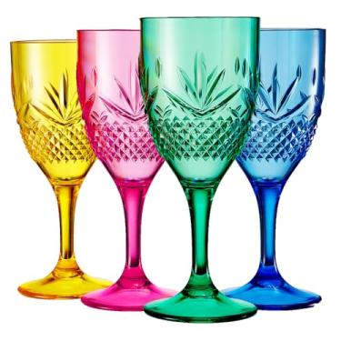 Imagem de Taças de vinho extravagantes com haste Tritan à prova de estilhaçamento, revendíveis | Conjunto de 4 | Vidro de cores brilhantes semelhantes, copos de acrílico de cor cristal, plástico reutilizável