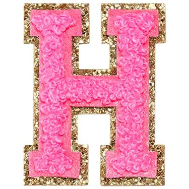 Imagem de 3 Pçs Chenille Letter Patches Ferro em Patches Glitter Varsity Letter Patches Bordado Borda Dourada Costurar em Patches para Vestuário Chapéu Camisa Bolsa (Rosa, H)