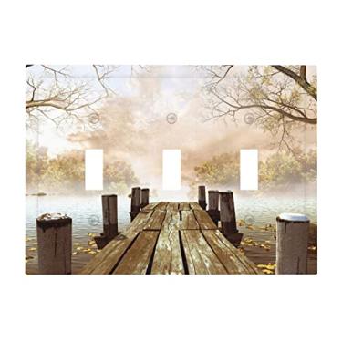 Imagem de Cais enevoado e do lago 3 entradas interruptor de luz triplo tampa de placa de parede decorativa placa frontal elétrica para porta de celeiro rústica casa sala de estar decorar 17 cm x 4,8 cm
