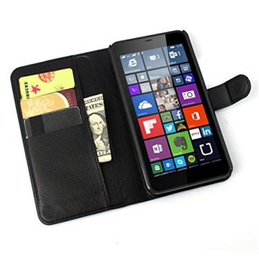 Imagem de Capa carteira Microsoft Lumia 640XL, capa carteira flip de couro PU premium com compartimento para cartão, suporte e fecho magnético [capa interior à prova de choque de TPU] Compatível com Microsoft