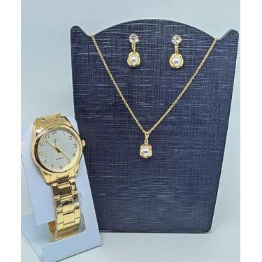 Imagem de Kit Relógio Feminino Redondo Liso Aço Inox Analógico Quartzo Dourado P