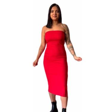 Imagem de Vestido Sem Alça Midi Tubinho Fenda Lateral Canelado Feminino Modelado