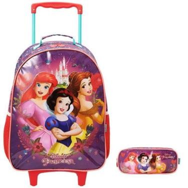 Imagem de Kit Mochila Escolar Princesas Castelo Rodinha Tam G Estojo