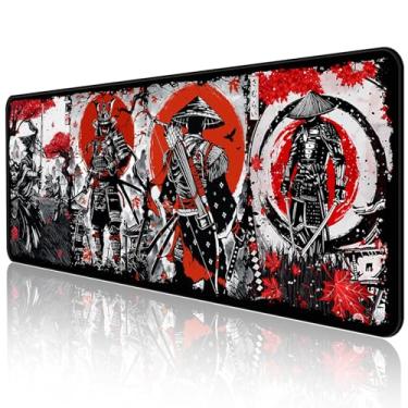 Imagem de COSOW Tapete de mouse Samurai Warrior, design vermelho e preto com folhas de bordo japonesas mousepad para jogos, grande base de borracha estável com bordas costuradas, tapete de mouse com teclado
