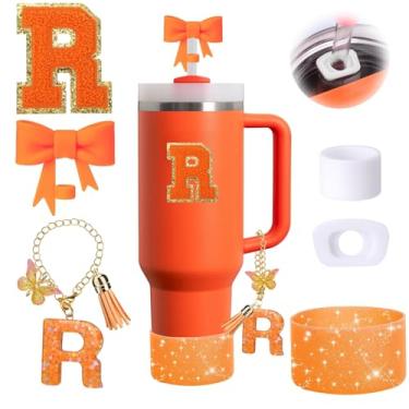 Imagem de Conjunto de 6 peças de acessórios de copo Stanley laranja adequado para Stanley Cup 850.5 g 1,134 g, incluindo tampa à prova de derramamento, bota de silicone brilhante, topo de palha em forma de
